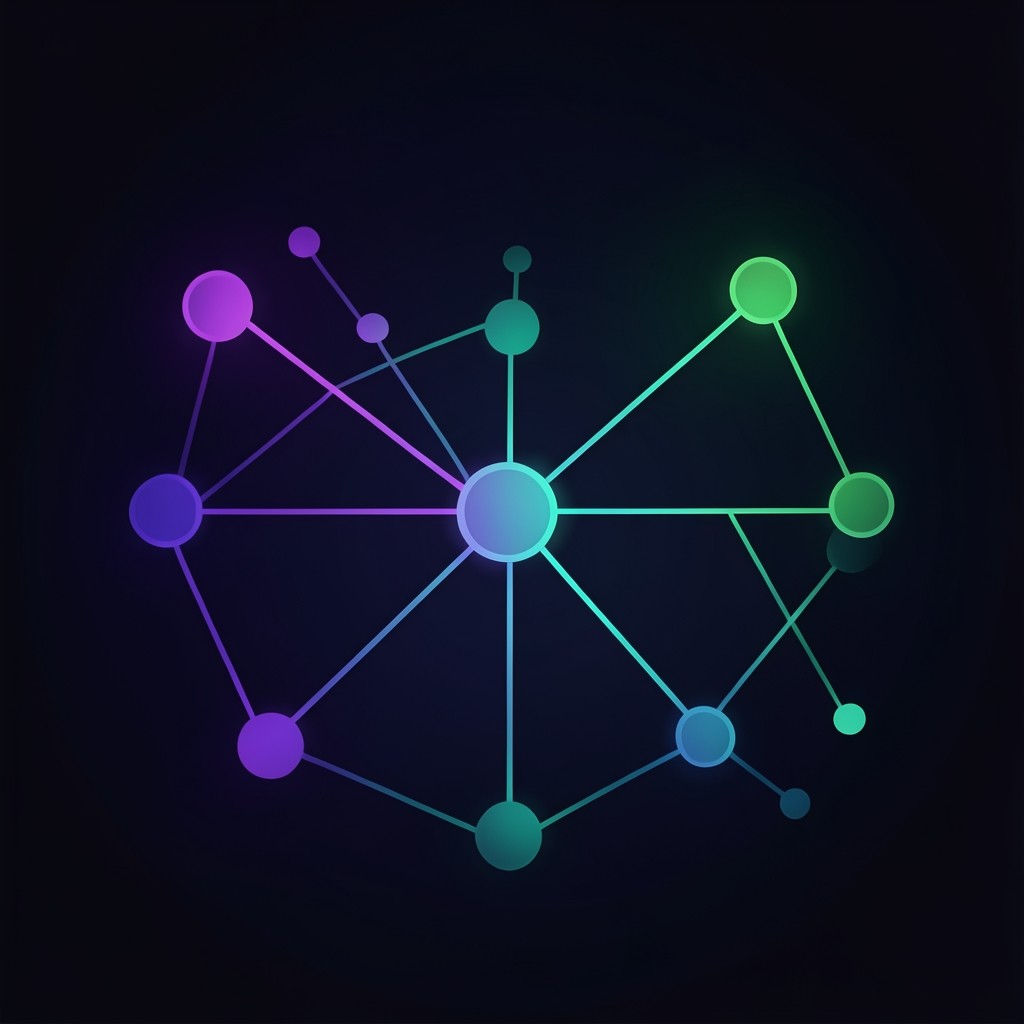 Dashboard-style abstract visualization of connected permissions with purple and teal gradient elements on dark background