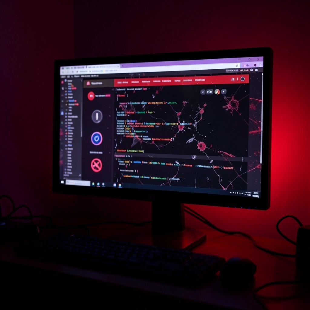 Computer screen showing a suspicious website with warning symbols, illuminated by red and purple ambient light