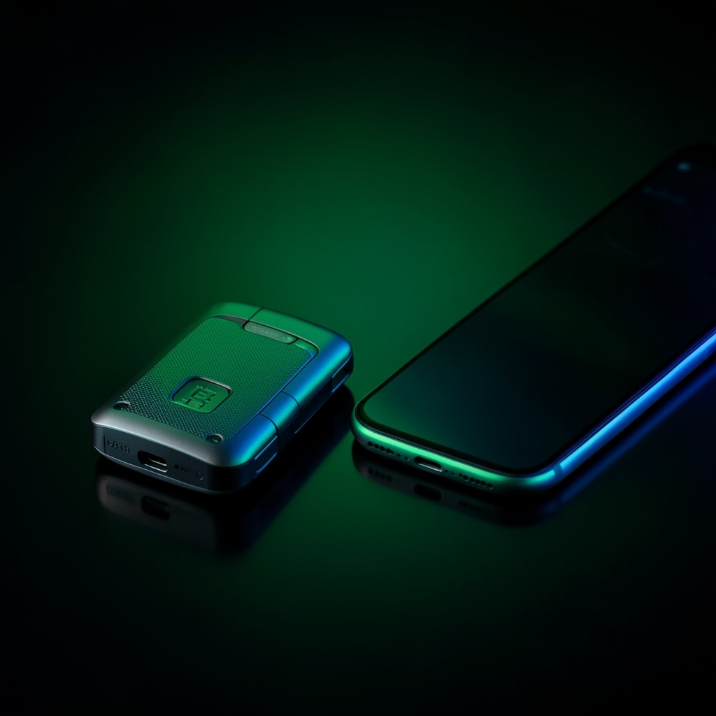 Hardware wallet device beside a smartphone displaying a wallet app, lit by green and blue gradient light