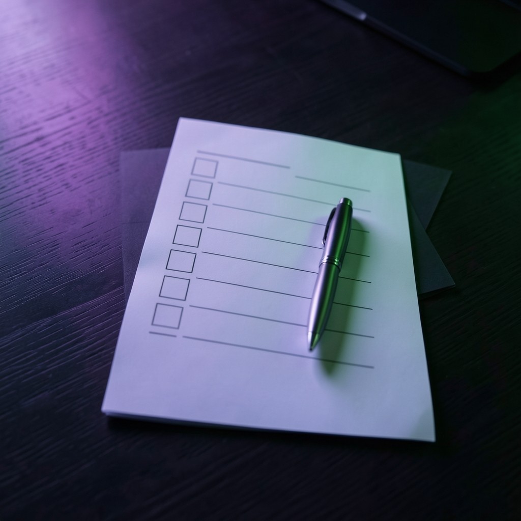 Checklist document with security items on a desk with purple and green gradient lighting accents
