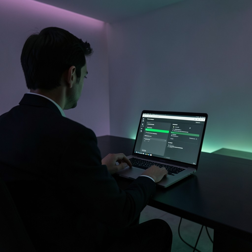 Person reviewing digital security settings on a laptop in a dimly lit room with purple ambient lighting
