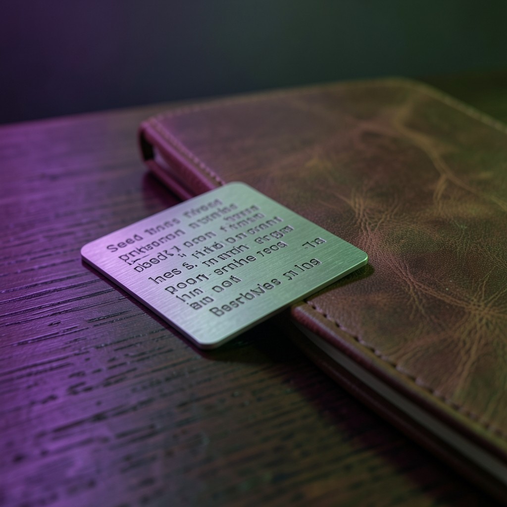 Metal backup plate and notebook on a dark desk with soft green and purple lighting