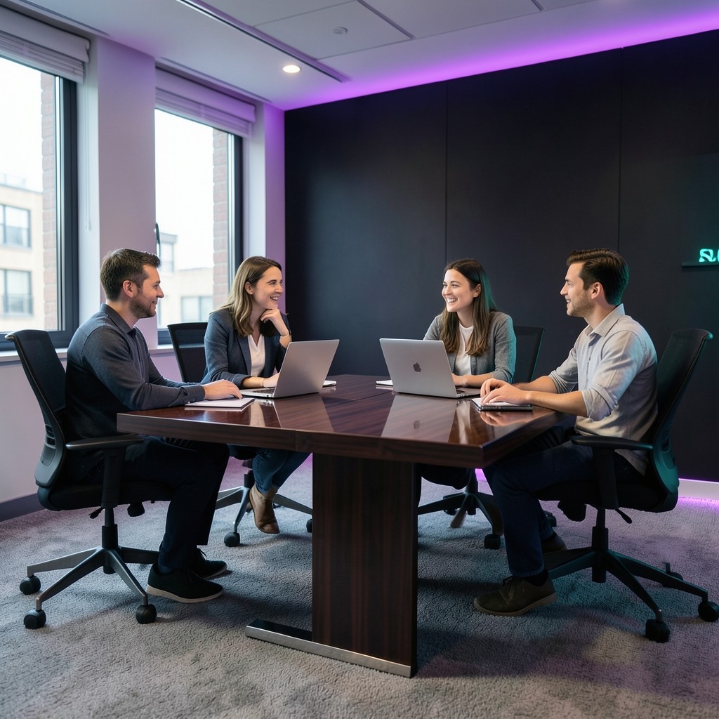 Small group gathered around a table with laptops in a room lit by purple and teal accent lights